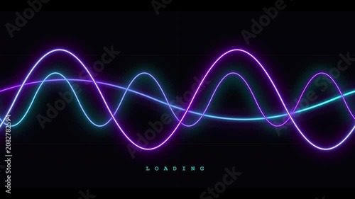 Animated glowing purple and blue neon wavy lines with floating particles on black background