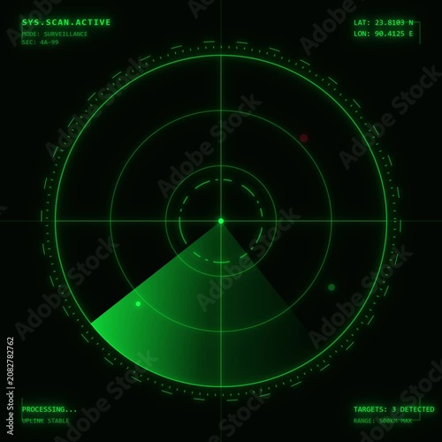 Futuristic glowing green military radar scanning interface with targeting data on black background loop