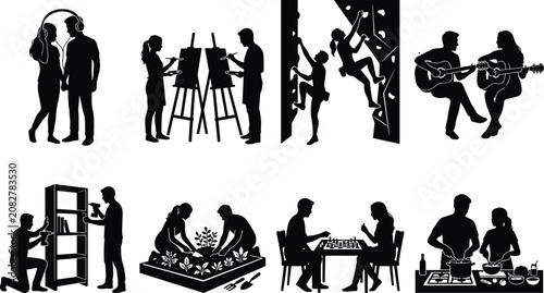 Photos Couples hobbies and shared activities vector silhouette set featuring painting r