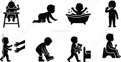 Fotografie Baby routine and toddler development vector silhouette set featuring crawling ea