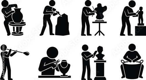 Tableau sur toile Artisans and sculptors craft icons set featuring pottery making stone carving gl