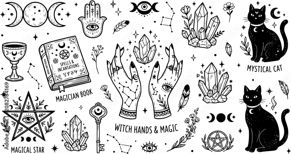 Fototapeta premium Magic elements. Mystical Halloween sticker. Hand drawn boho esoteric crystals, witch hands, magician book, cat, magical star, female mystical symbols. Vector set