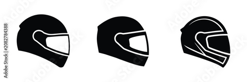 Cuadro en lienzo Helmet icons set, three black motorcycle racing helmets on white background, pro