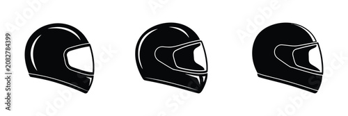 Cuadro en lienzo Helmet icons set, three black motorcycle racing helmets on white background, pro