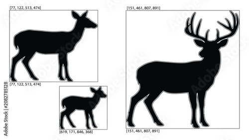 Cuadro en lienzo Deer family silhouettes including a doe, a buck, and a fawn are arranged in separate boxes