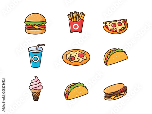 Fast food icons collection with burger pizza tacos and drink, isolated on transparent background