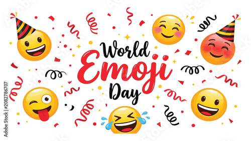 Canvas Print Emojis wearing party hats float around celebratory text for World Emoji Day amidst falling colorful confetti