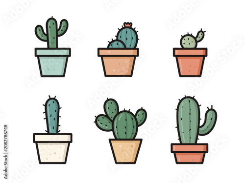 Collection of potted cactus plants set icons, isolated on transparent background