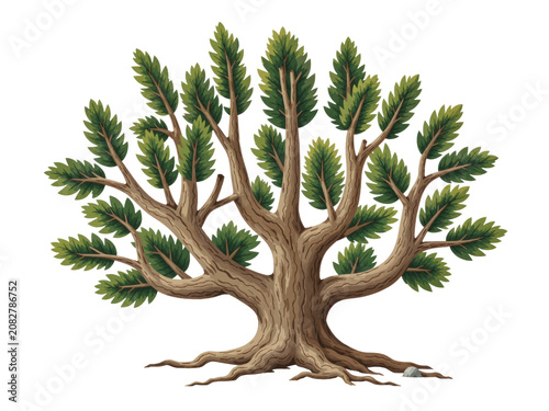 Mature green tree with branches and roots, isolated on transparent background