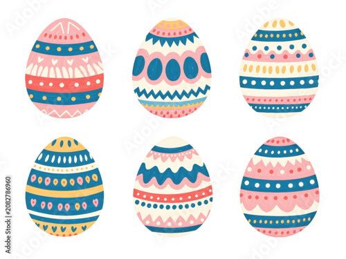 Colorful easter eggs with hand drawn patterns on transparent background
