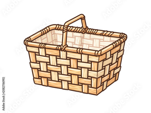 Empty woven wicker picnic basket with handle, isolated on transparent background