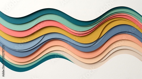 Abstract 3D layered paper cut background with colorful wavy curves and soft shadows, modern elegant vector style digital art illustration