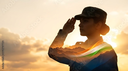 Proud Indian Female Soldier Saluting with Tricolor Double Exposure