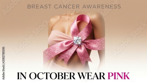 Breast Cancer Awareness Month Woman wearing pink ribbon with diamond brooch for breast cancer awareness month campaign