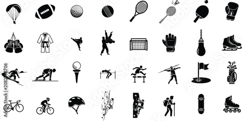 Sports Icons Collection Black Silhouette Shapes On White Background