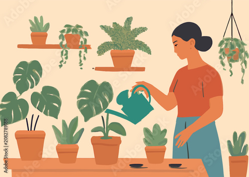 Canvas Print A woman watering her numerous indoor potted plants, showcasing a home gardening hobby and plant care routine