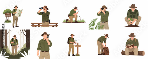 Photos Park ranger and forest guard characters set performing various conservation duti