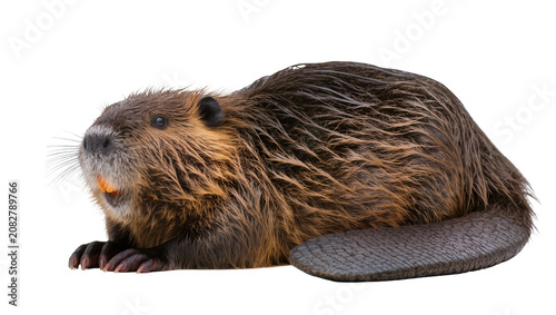 Fényképezés Brown beaver with orange teeth lying down