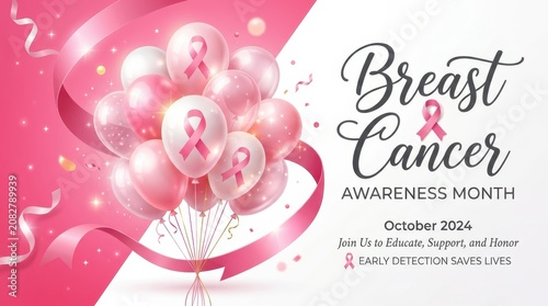 Breast Cancer Awareness Month Balloons with ribbon and inspirational text for Breast Cancer Awareness Month educational health campaign poster design