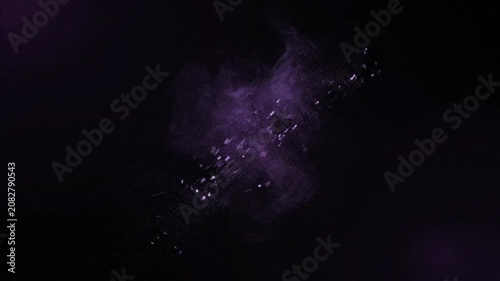 Abstract purple tech particle cloud dissolving and dispersing into digital dust, black background