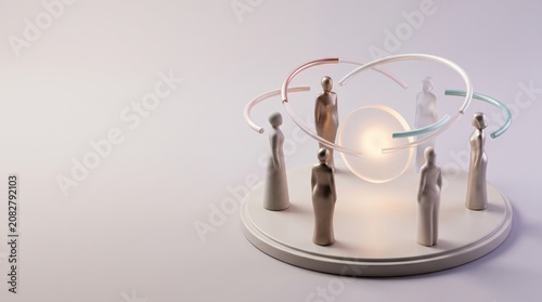 Abstract modern sculpture representing unity and diverse group of women standing in circle