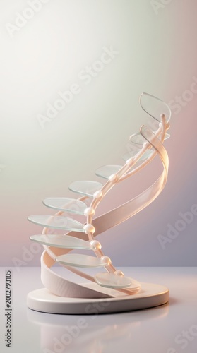 Abstract spiral staircase with glass steps and pearls, representing growth and evolution
