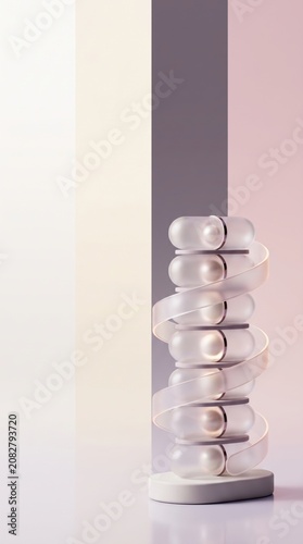 Stack of translucent capsules entwined with ribbon, abstract medical concept, vertical