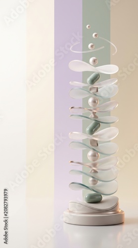 Stacked abstract composition of translucent leaf shapes and green capsules on a pedestal