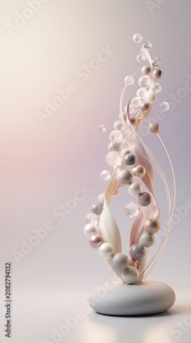 Abstract sculpture with flowing pearl beads and delicate intertwining ribbons on a pedestal