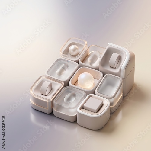Arrangement of minimalist display boxes with subtle lighting and pearl accents