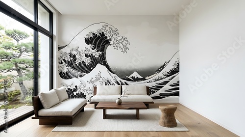 Minimalist living room featuring a monochrome wave wall mural