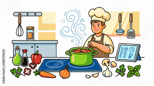 Chef in kitchen prepares soup surrounded by ingredients and digital device