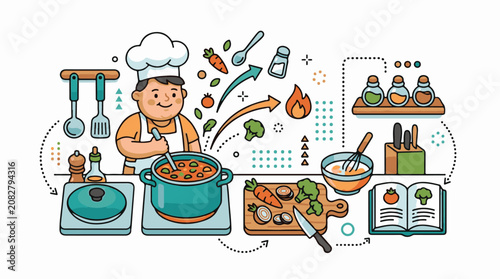 Chef in kitchen preparing food with ingredients and cooking utensils