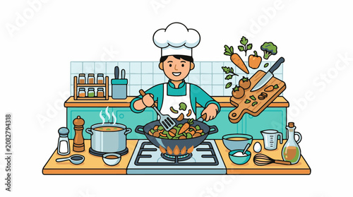Chef in kitchen preparing vegetables in a wok over a gas stove