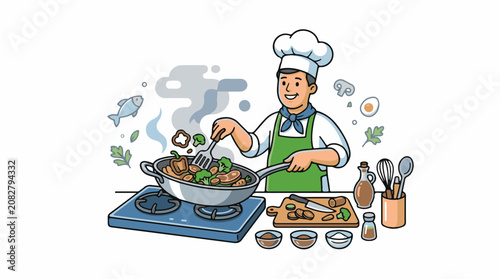 Chef in white hat and green apron cooks food in a pan on a stove