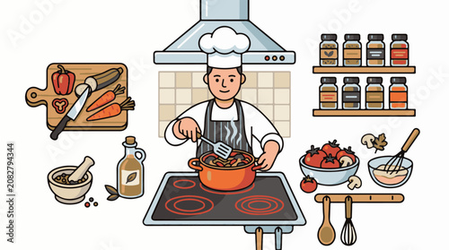 Chef in kitchen preparing a meal with fresh ingredients and spices