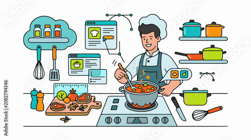 Chef in uniform cooking with digital interfaces and kitchen tools
