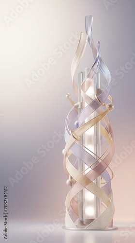 Twisting abstract tower adorned with delicate ribbons and pearl beads