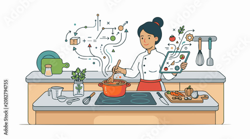 Chef using tablet cooking learning planning kitchen