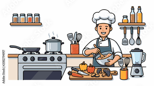 Chef preparing ingredients in a modern kitchen with stove blender and spices