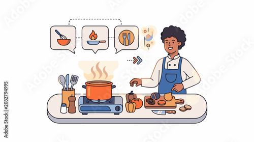 Chef preparing meal with cooking steps illustrated in speech bubbles