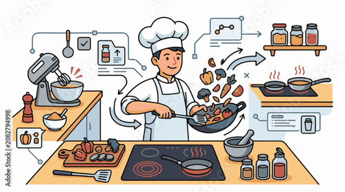 Chef preparing meal with digital icons and kitchen appliances