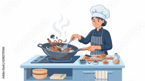 Chef skillfully cooks vegetables and ingredients in a wok on a stovetop