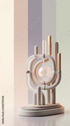 Abstract sculpture with layered tubes and orbs on a tiered base, pastel color palette