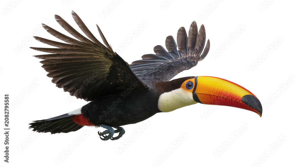 Fototapeta premium Toucan bird with large colorful beak flying with wings spread