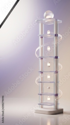 Tall abstract structure with stacked shelves and glowing lights, spiral elements