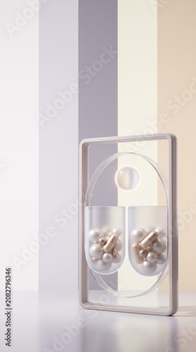 Modern holder with two compartments filled with pearls and capsules, pastel background