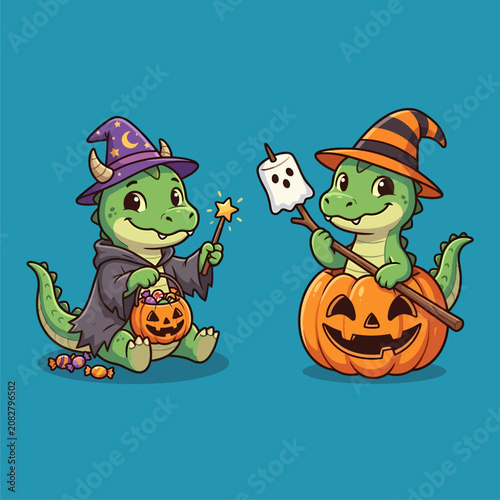 Cute baby crocodiles wearing wizard costumes for Halloween celebration