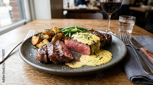 Grilled steak with potatoes and sauce on a plate in a restaurant setting with wine