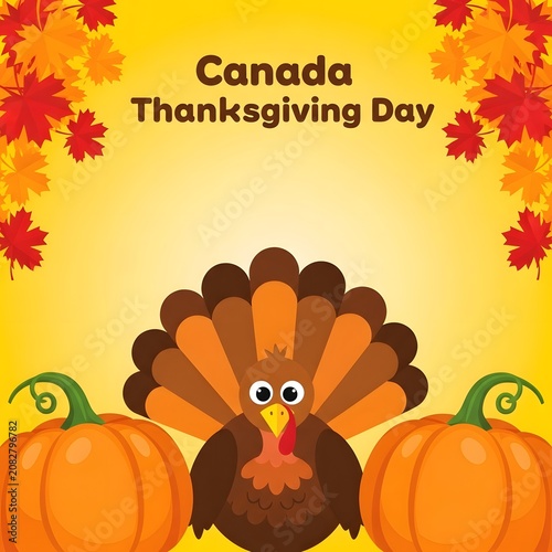 Happy Thanksgiving Cute cartoon turkey with autumn pumpkins and maple leaves illustration for seasonal holiday greeting card background design